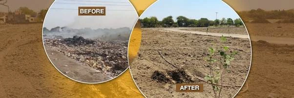 मंत्रालय के मूल पहले और बाद वाले कोलाज में देपालपुर की पुरानी डंपसाइट और साफ भूमि